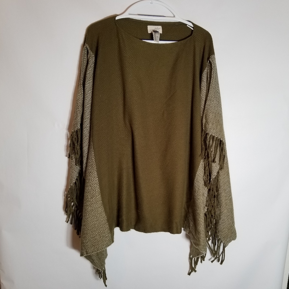 Universal Thread Poncho Women's One Size Olive Green White Kimono Fringe